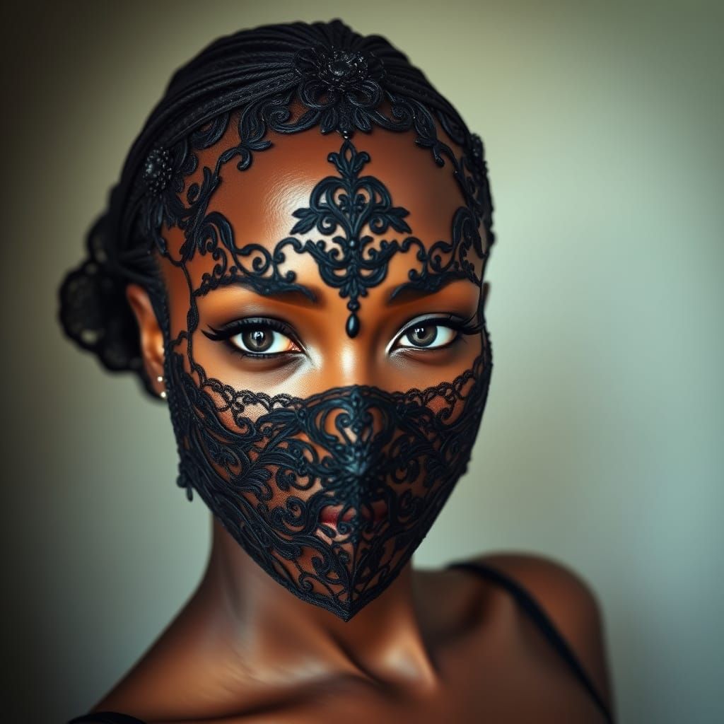 Intricate Lace Mask on Dark Skinned Woman