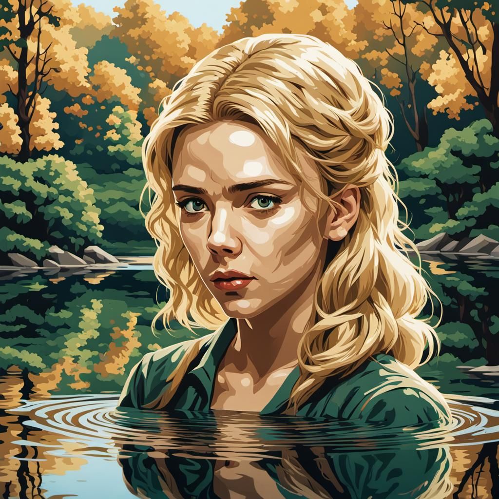Blonde Woman Admiring Reflection in Pixel Art