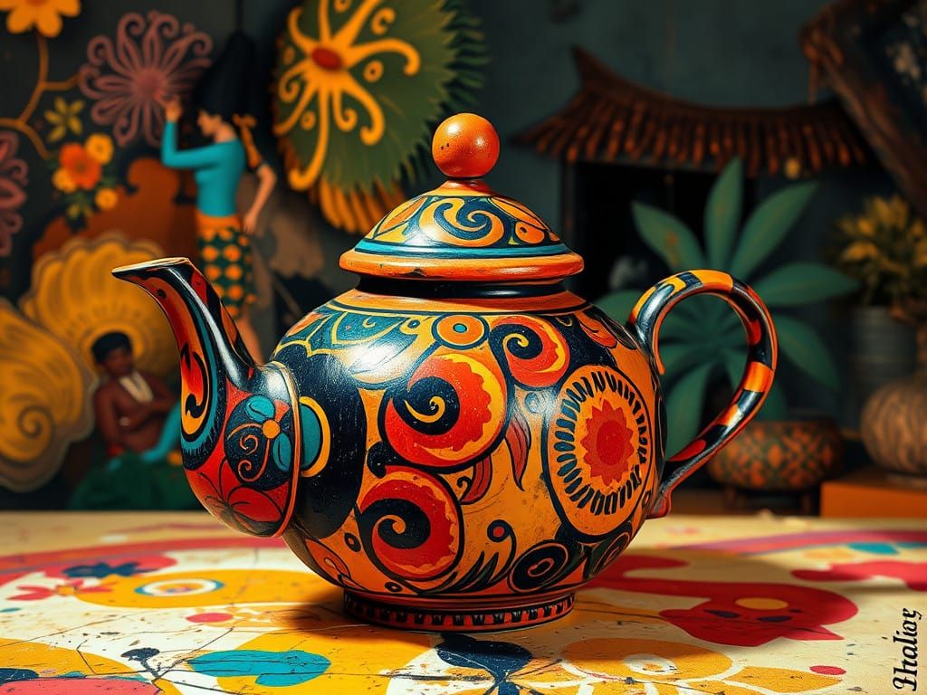 Vibrant Expressionist Teapot Scene in Abstract Ceramic Style