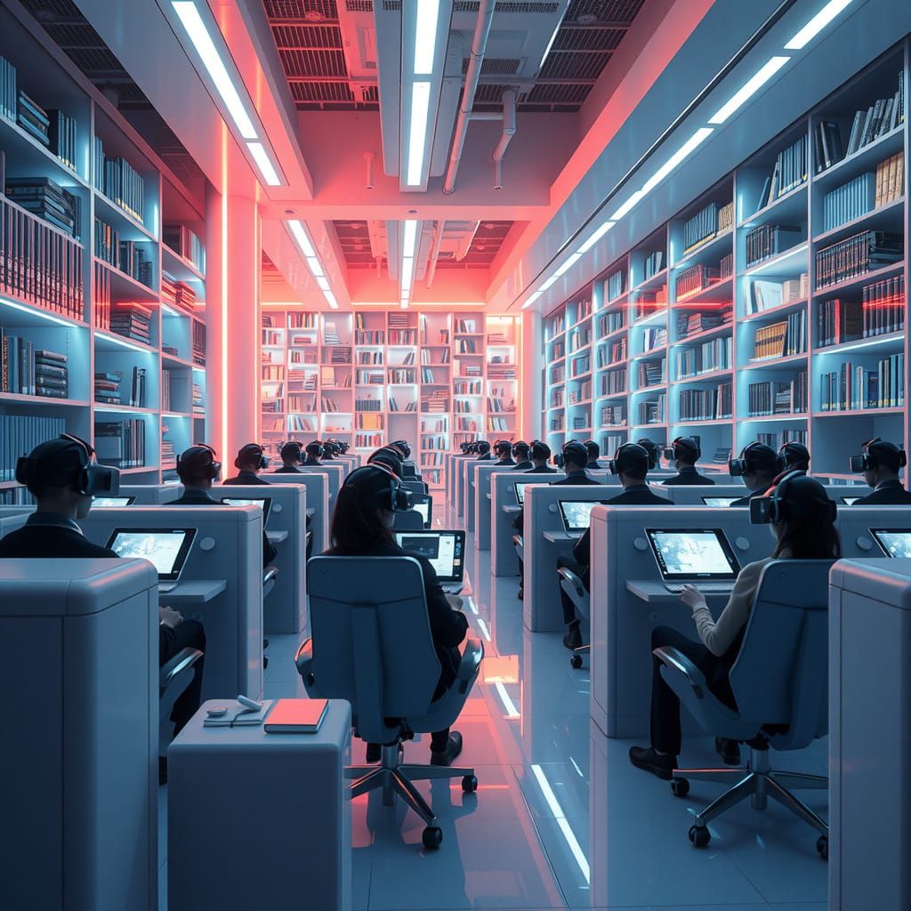Futuristic Readers in Neon-Lit Library