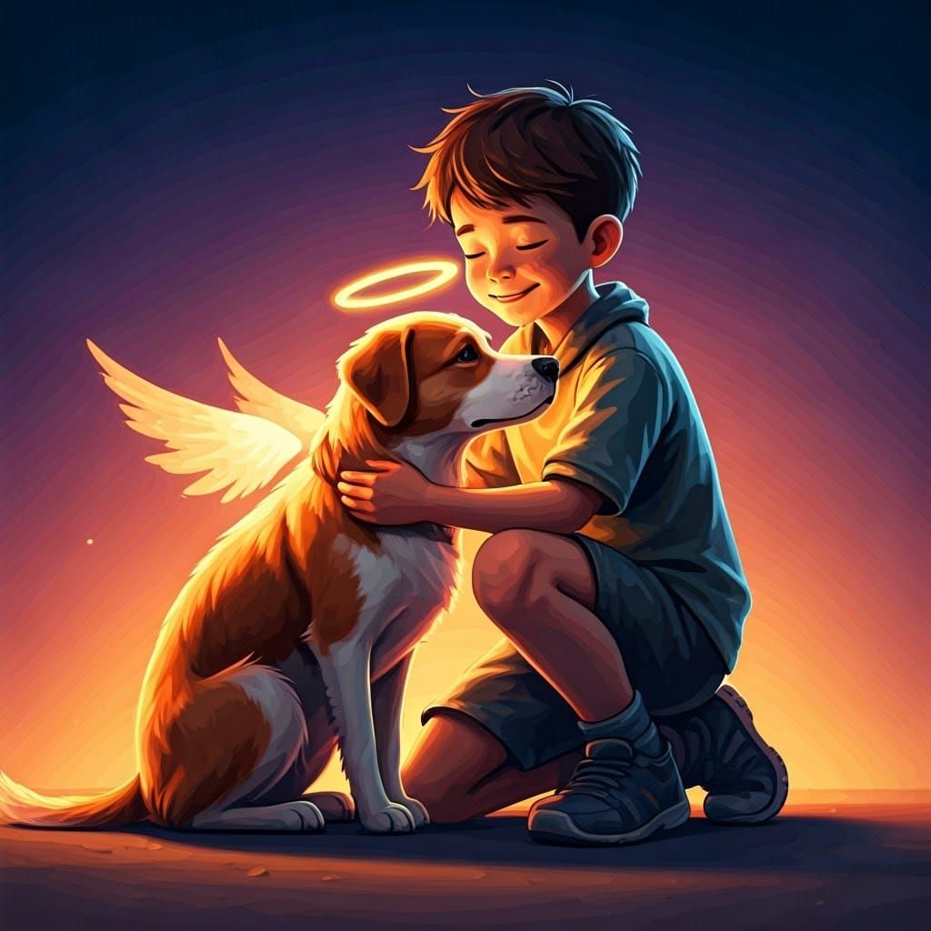 Boy Embracing Dog with Halo in Sci-Fi Style