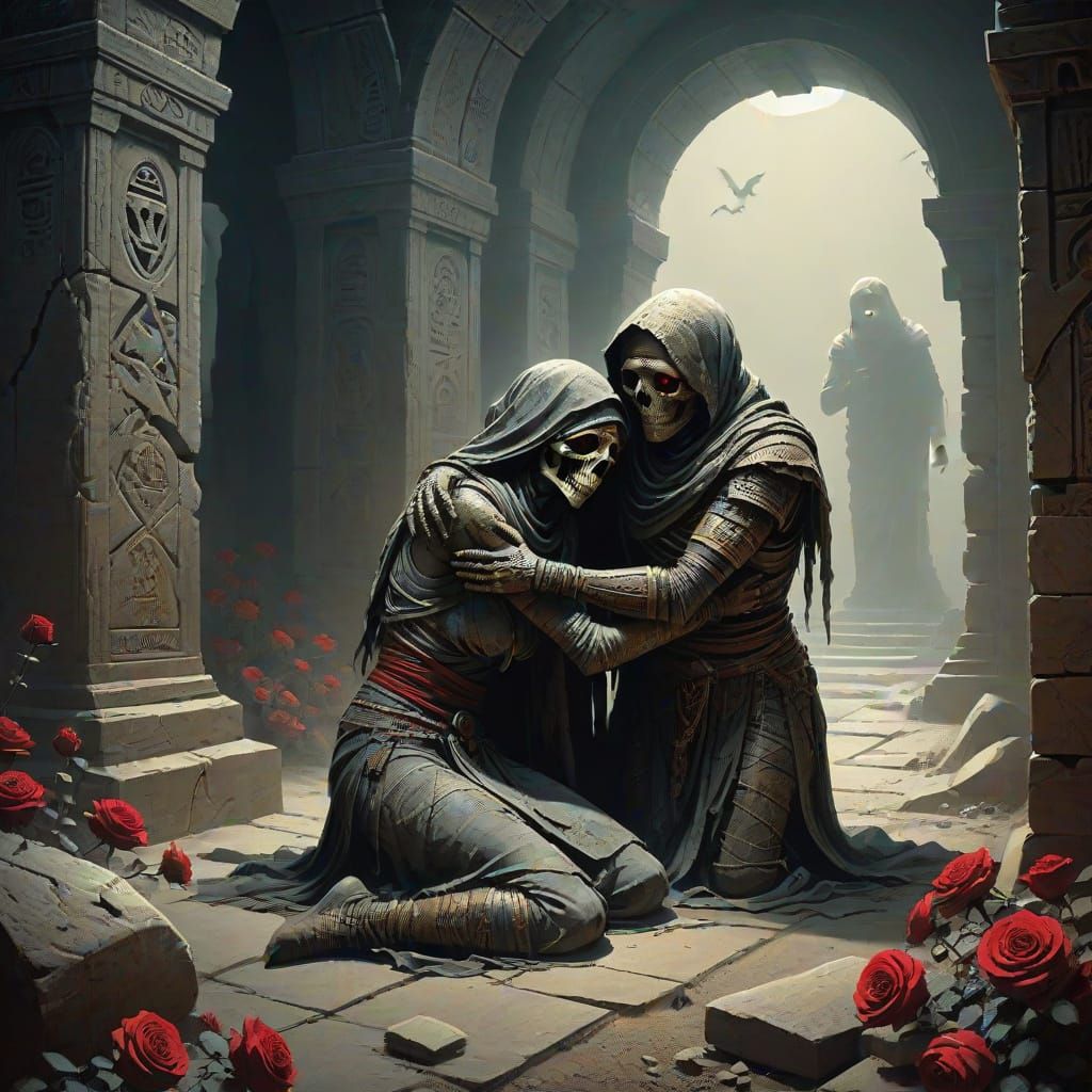Dark Fantasy Mummies Embrace in Ancient Tomb