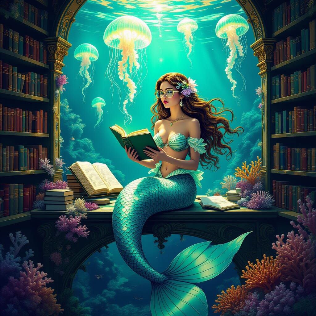 Underwater Mermaid Library in Art Nouveau Style
