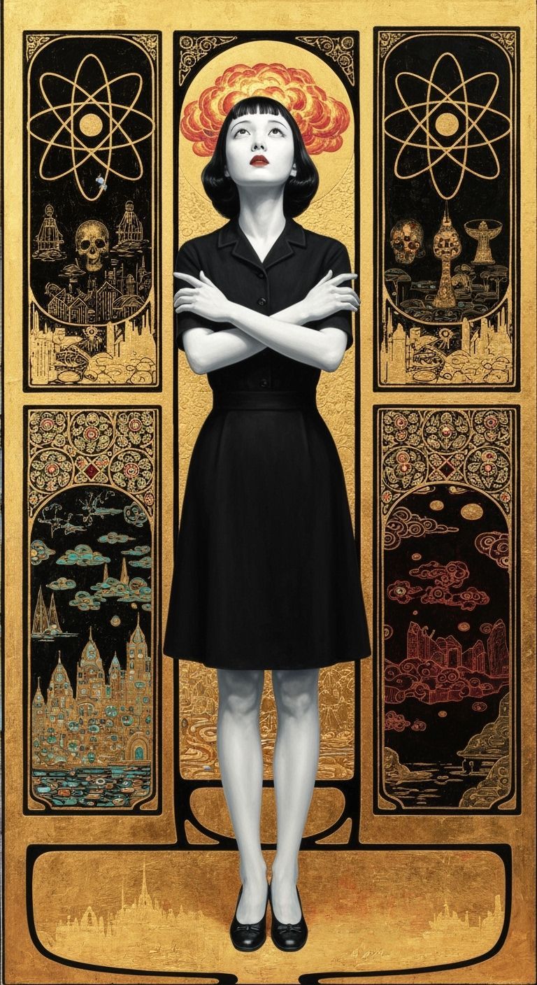Ghostly 1940s Japanese Woman in Art Nouveau Atomic Landscape