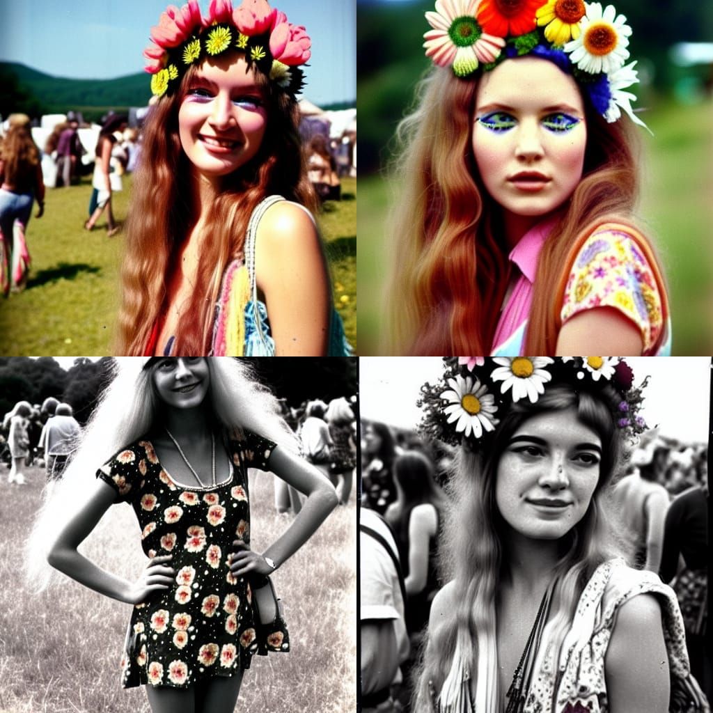 Cute Hippie Girl at Woodstock in Airbrush Style