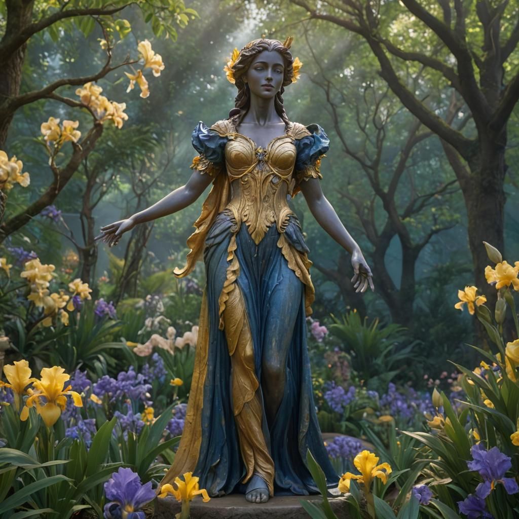 Goddess Iris in Vibrant Garden, Detailed Matte Painting