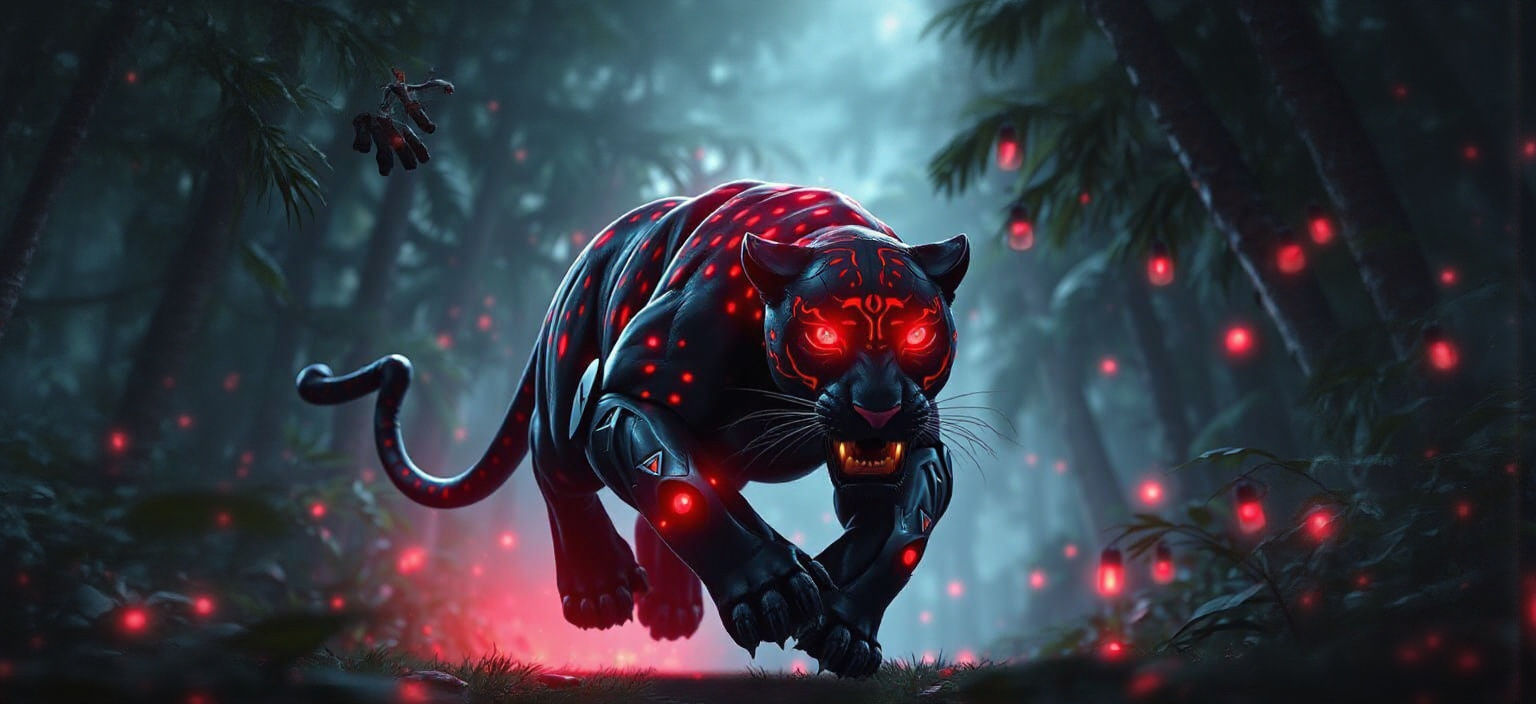 Fierce Black Jaguar with Luminous Red Spots in 3D Anime Styl...