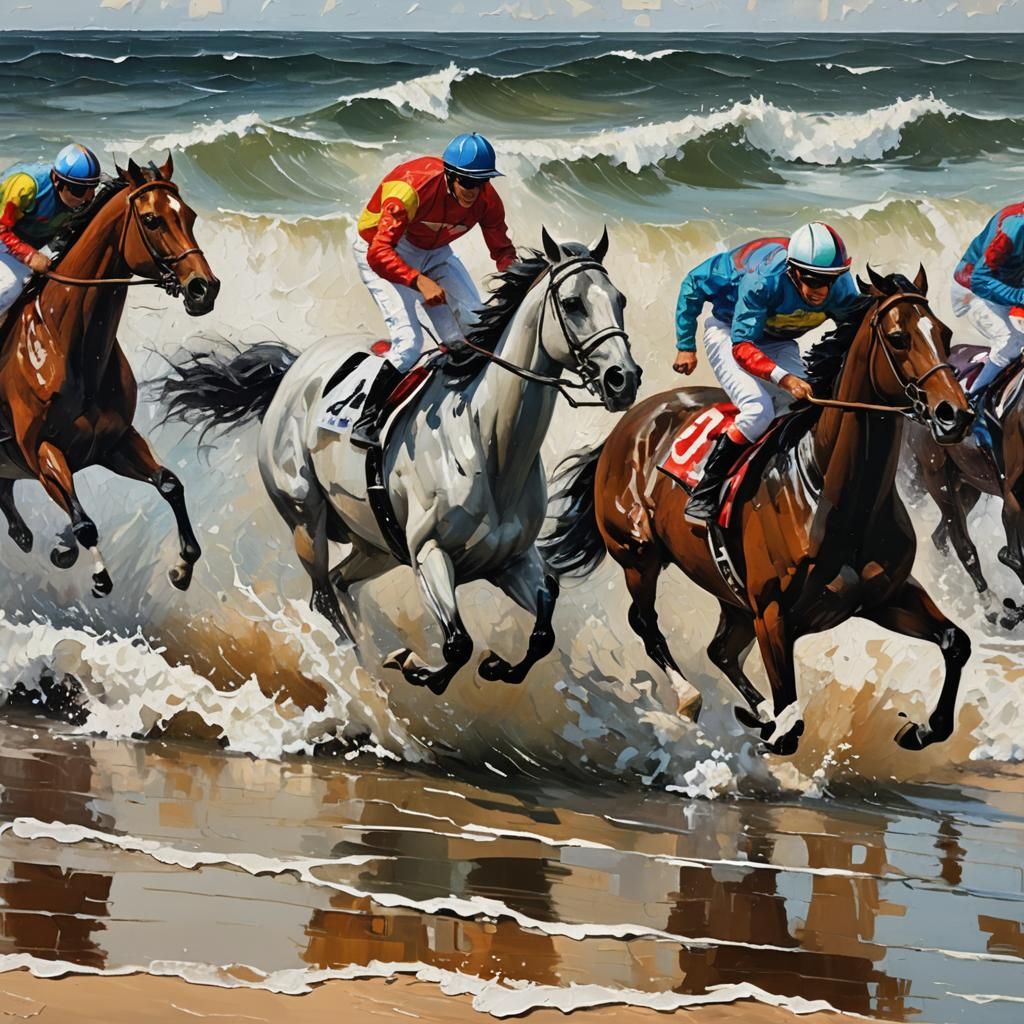 Horses Race in Surf: Impasto Oil Painting