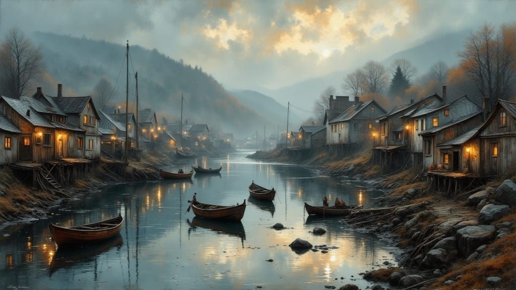 Weathered Fishing Village at Dawn in Moody Light