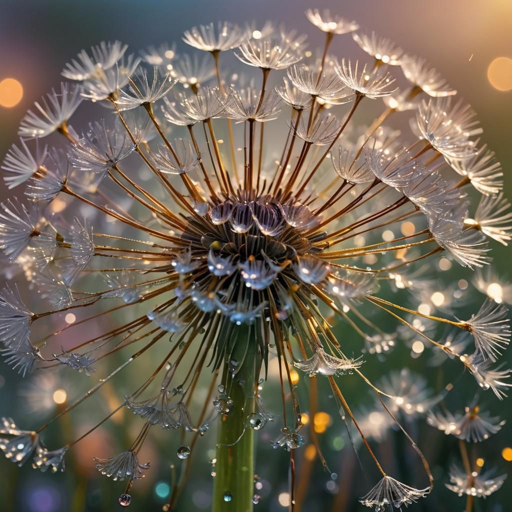 Rainbow Dandelion with Dew Drops in Macro Photography