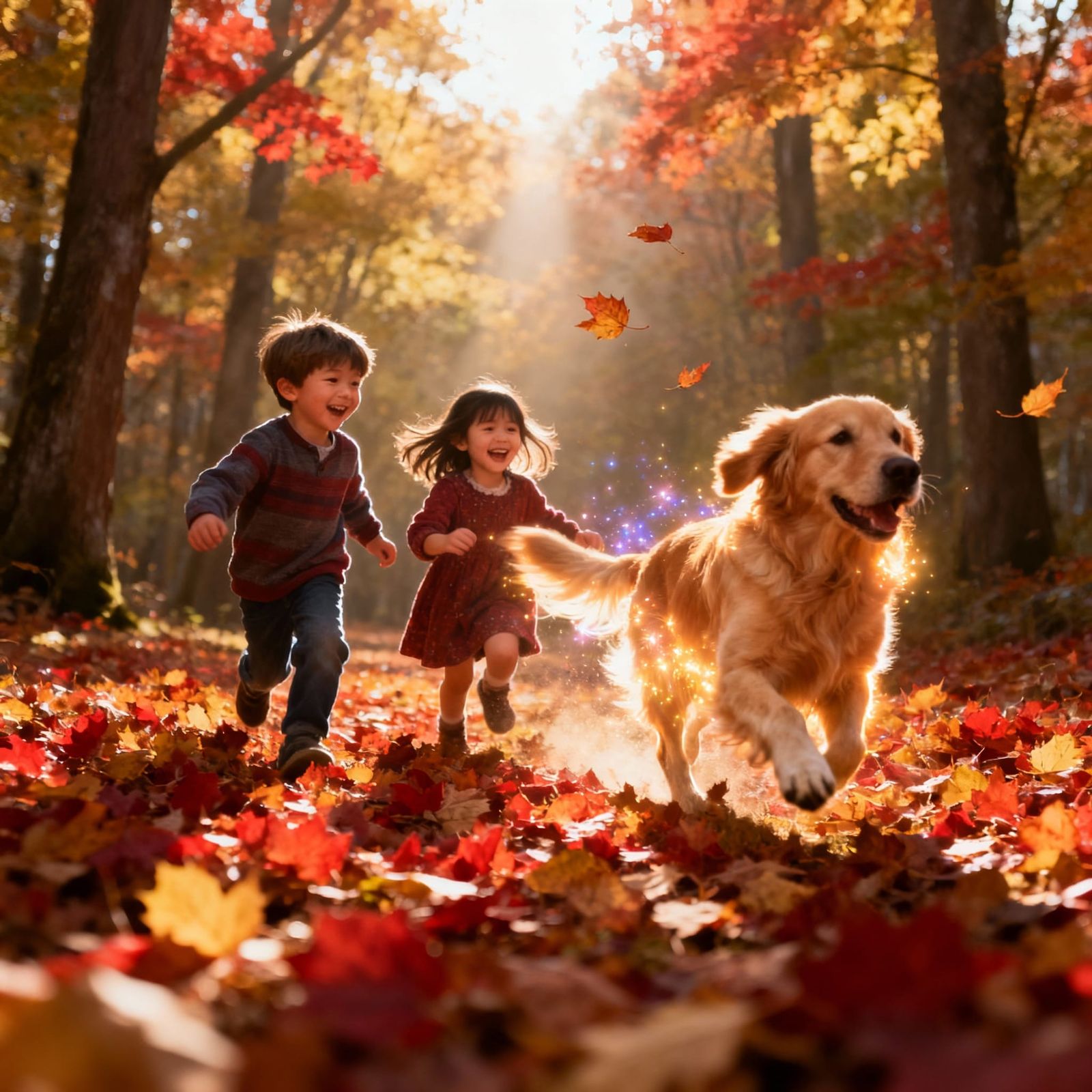 Joyful Autumn Forest Scene with Children and Dog