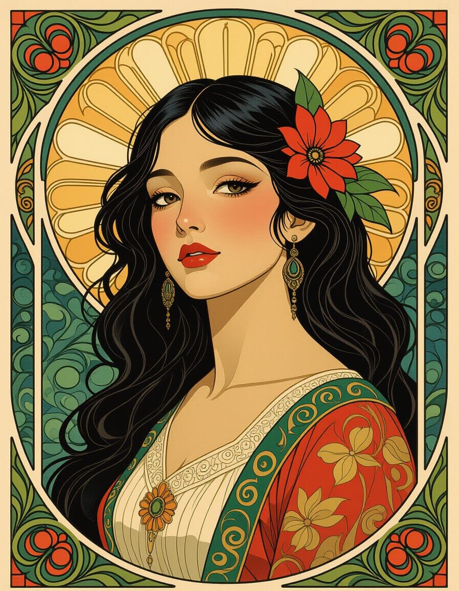 Symbolist Fantasy Portrait with Art Nouveau and Surreal Futu...