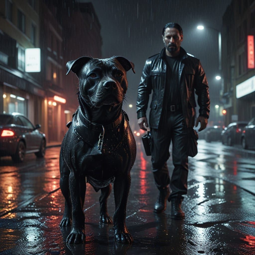 Noir Cityscape: Dog and Security Officer in Rain