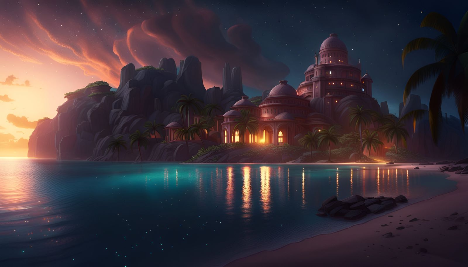 Fantasy Island Celestial Palace Sunset Matte Painting