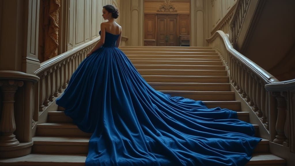 Woman in Blue Velvet Gown on Grand Staircase