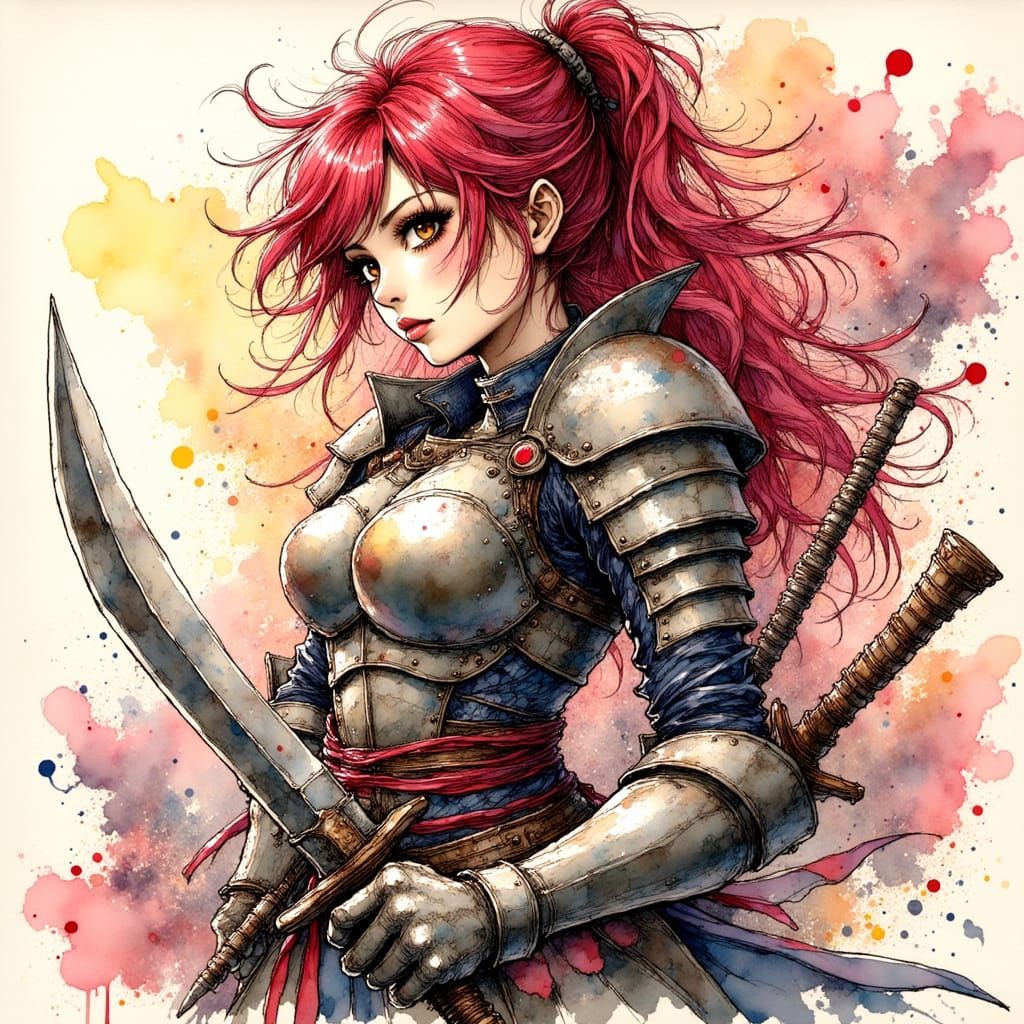 Manga-Style Female Warrior in Dynamic Action