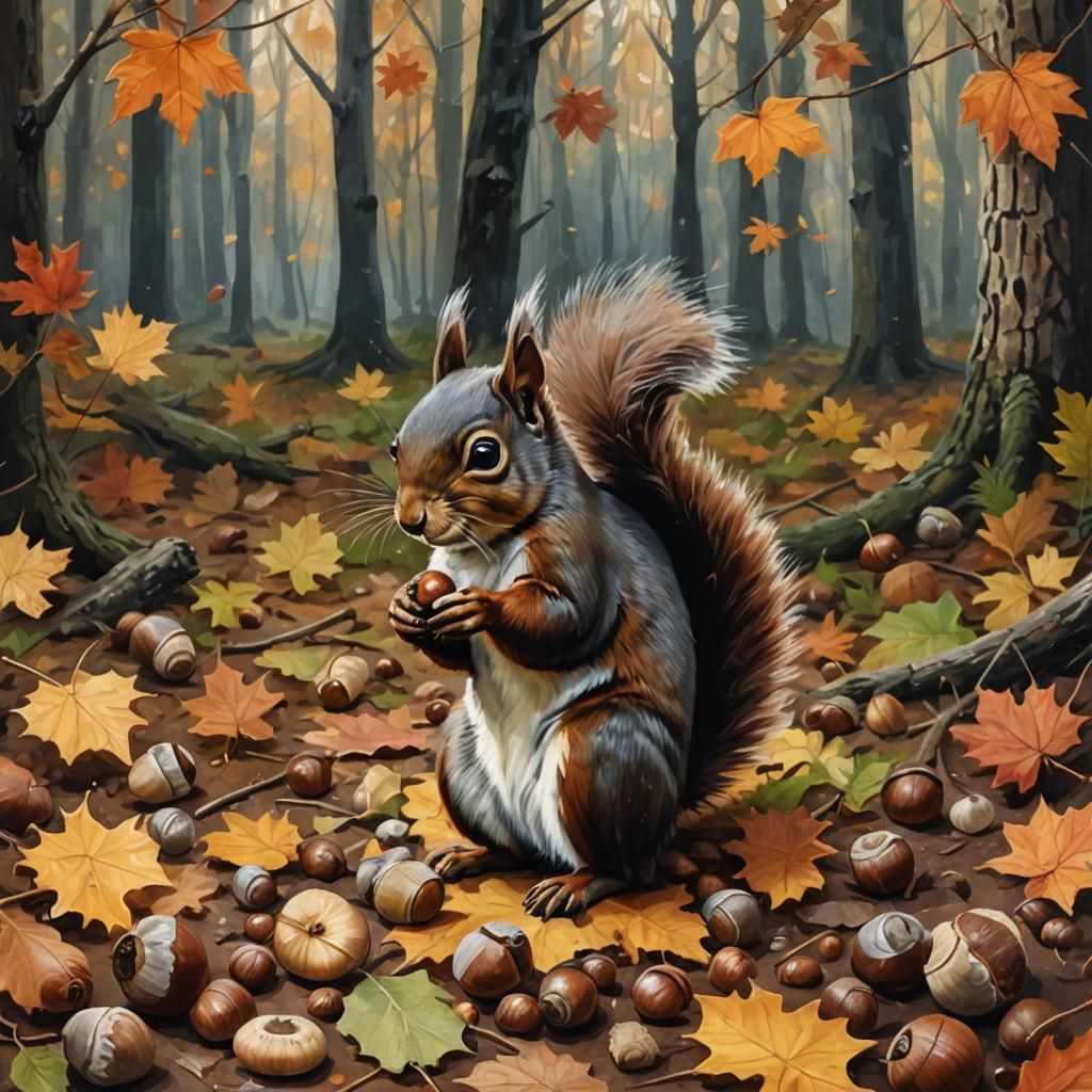 Squirrel Collecting Acorns in Autumn Forest, Oil Painting