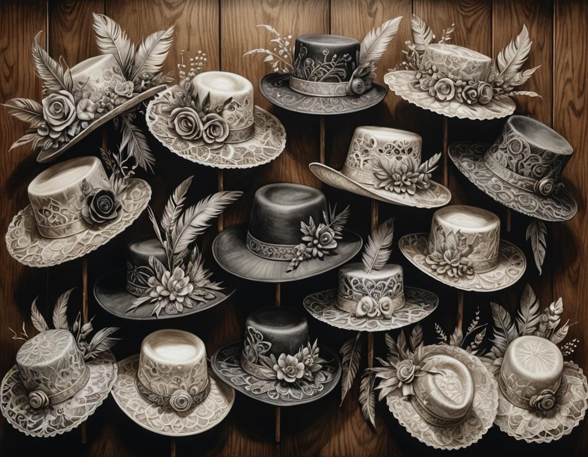 Whimsical Hats on Ornate Rack in Charcoal Style