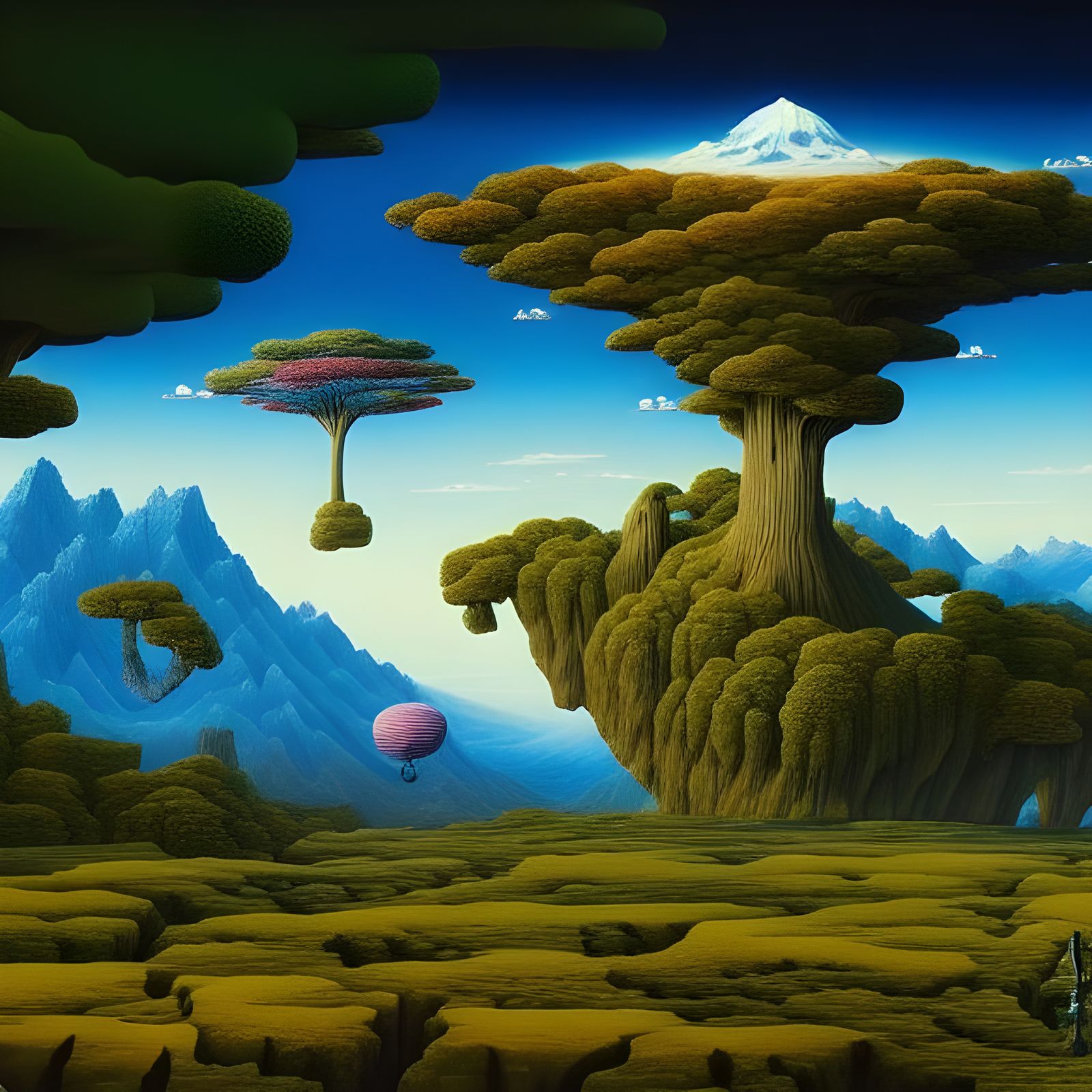 Surreal Landscape with Floating TV Set, 3D Rendered