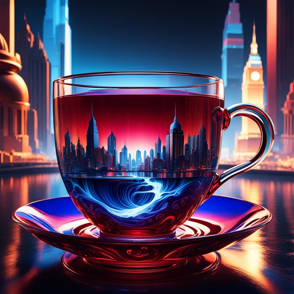 ""city inside dark red glass tea cup,