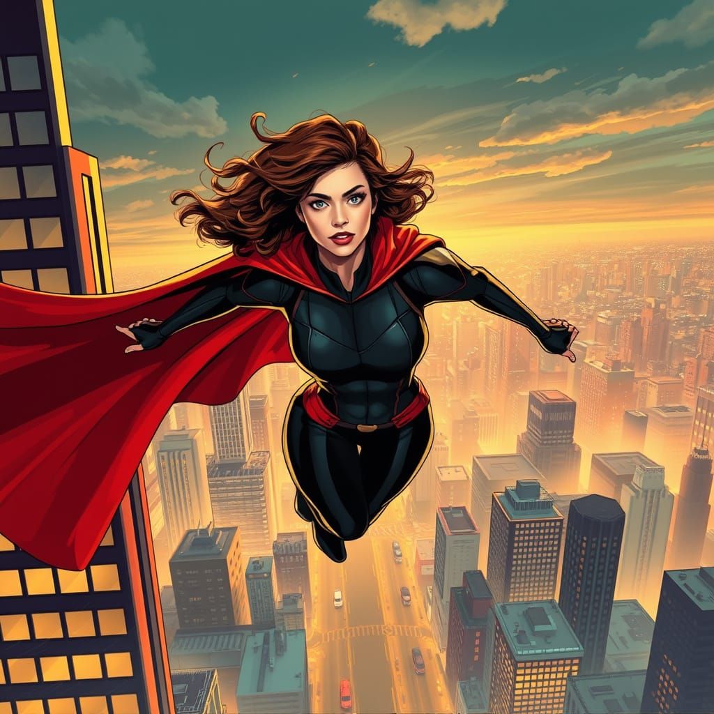 Heroic Woman Soars Above City in Dynamic Style
