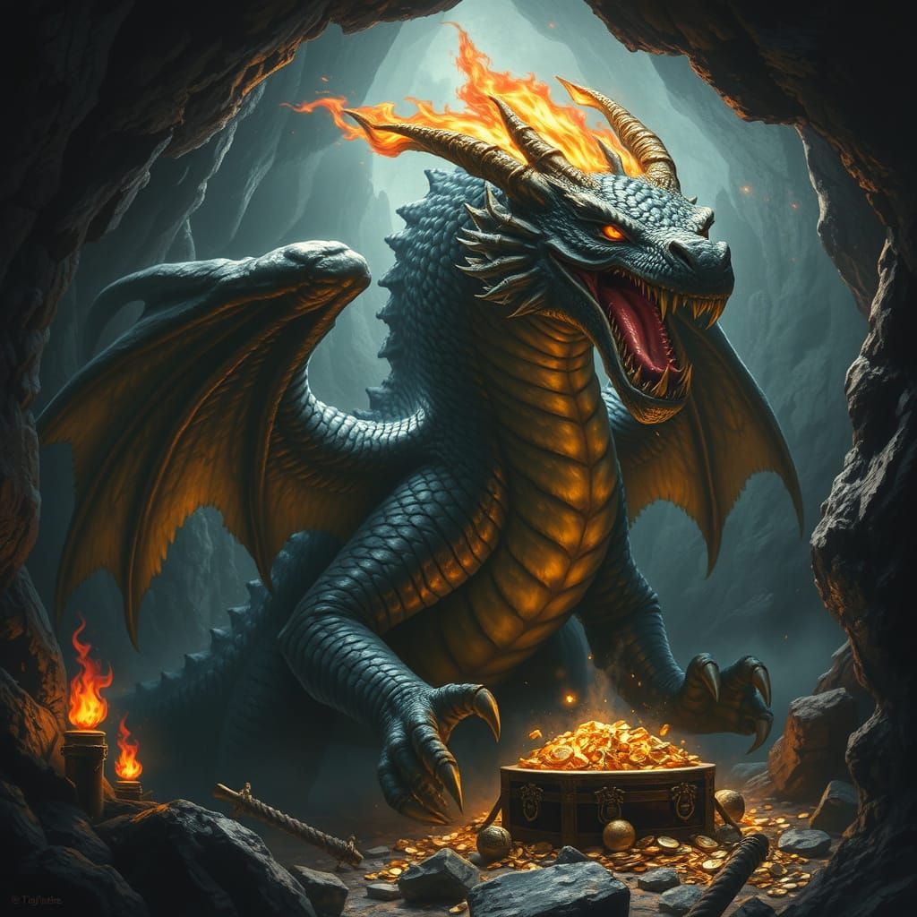 Dark Fantasy Dragon Guards Treasure in Cave