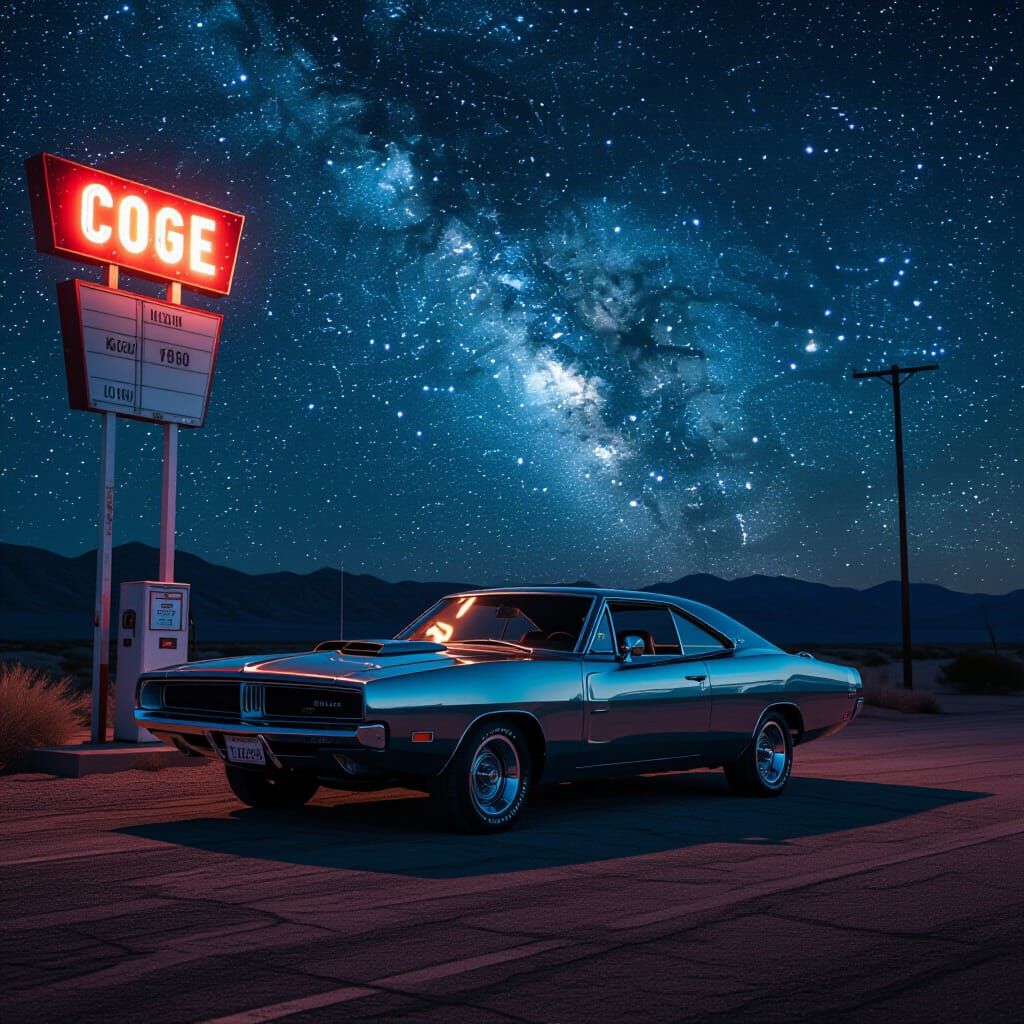 1969 Dodge Charger on Route 66 Under Starry Desert Sky