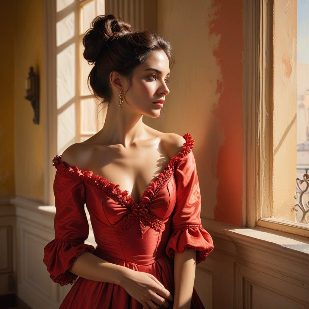 Confident Spanish Beauty in Crimson Dress