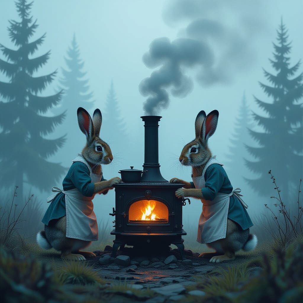 Hares Tend Stove in Foggy Forest, Dark Fantasy Concept Art