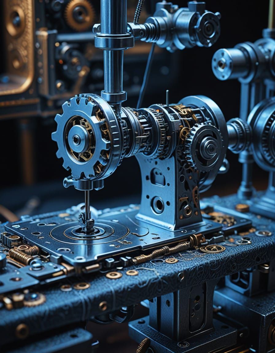 Intricate Sewing Machine Cross-Section in Warm Ambient Light