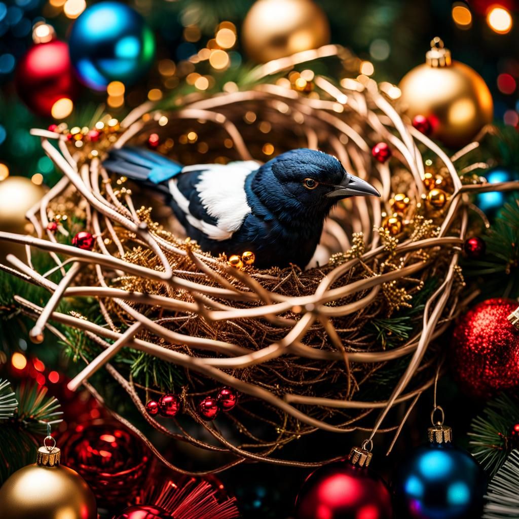 Ornate Magpie Nest with Christmas Decorations