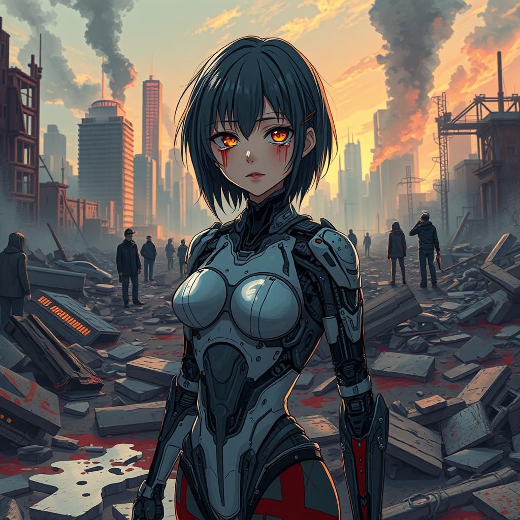 Crying Cyborg Girl in Devastated Cityscape