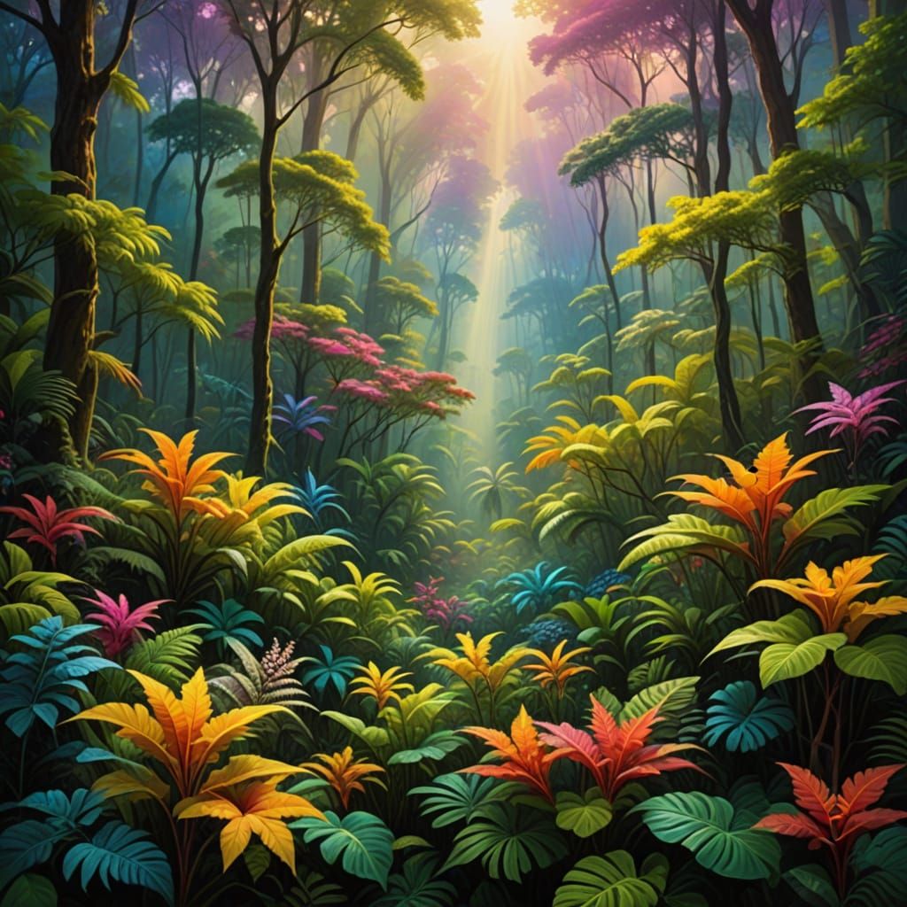 Ethereal Jungle Tapestry in Vibrant Oil Painting Style