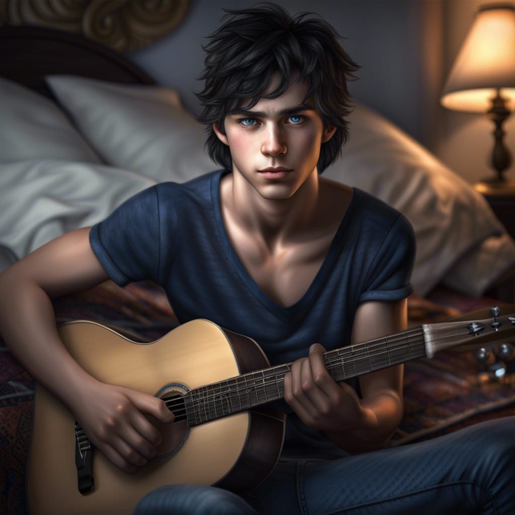 Teen Guitarist on Bed in Hyperrealistic Style
