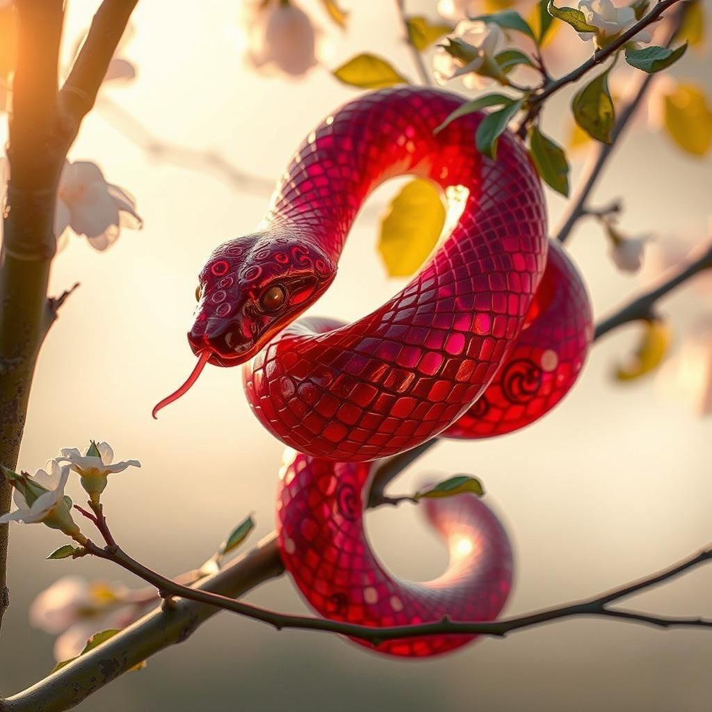 Iridescent Ruby Glass Snake on Cherry Tree