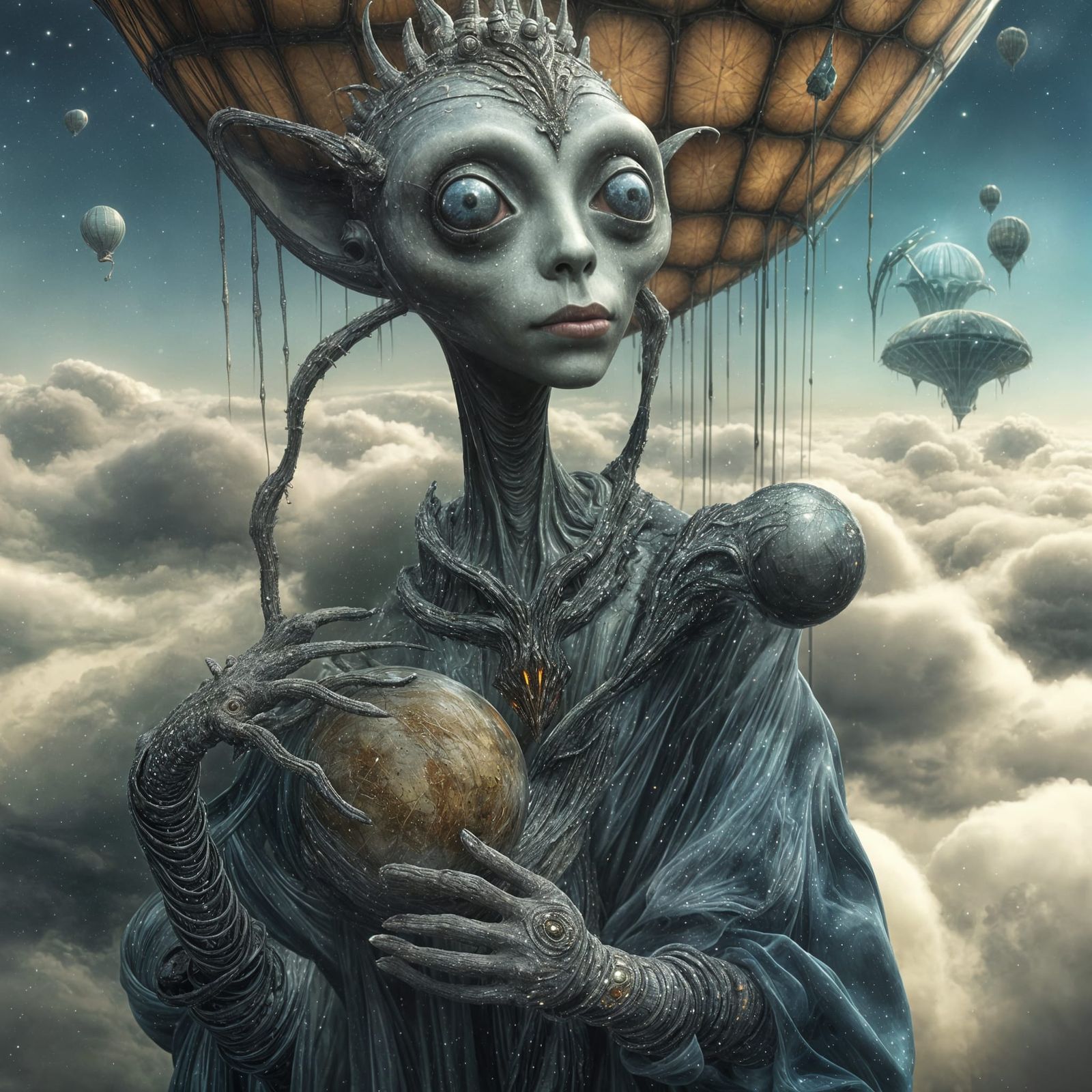 Smiling Alien People and Pets in Dreamy Landscape