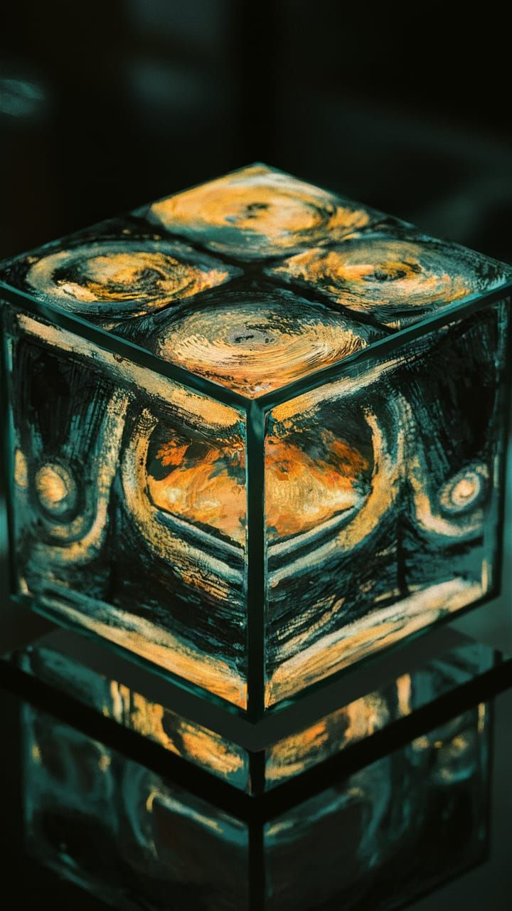Laminated glass.  painting.  Van Gogh.  rectangular cube
  “intricate details, HDR, beautifully shot, hyper-realistic, s...