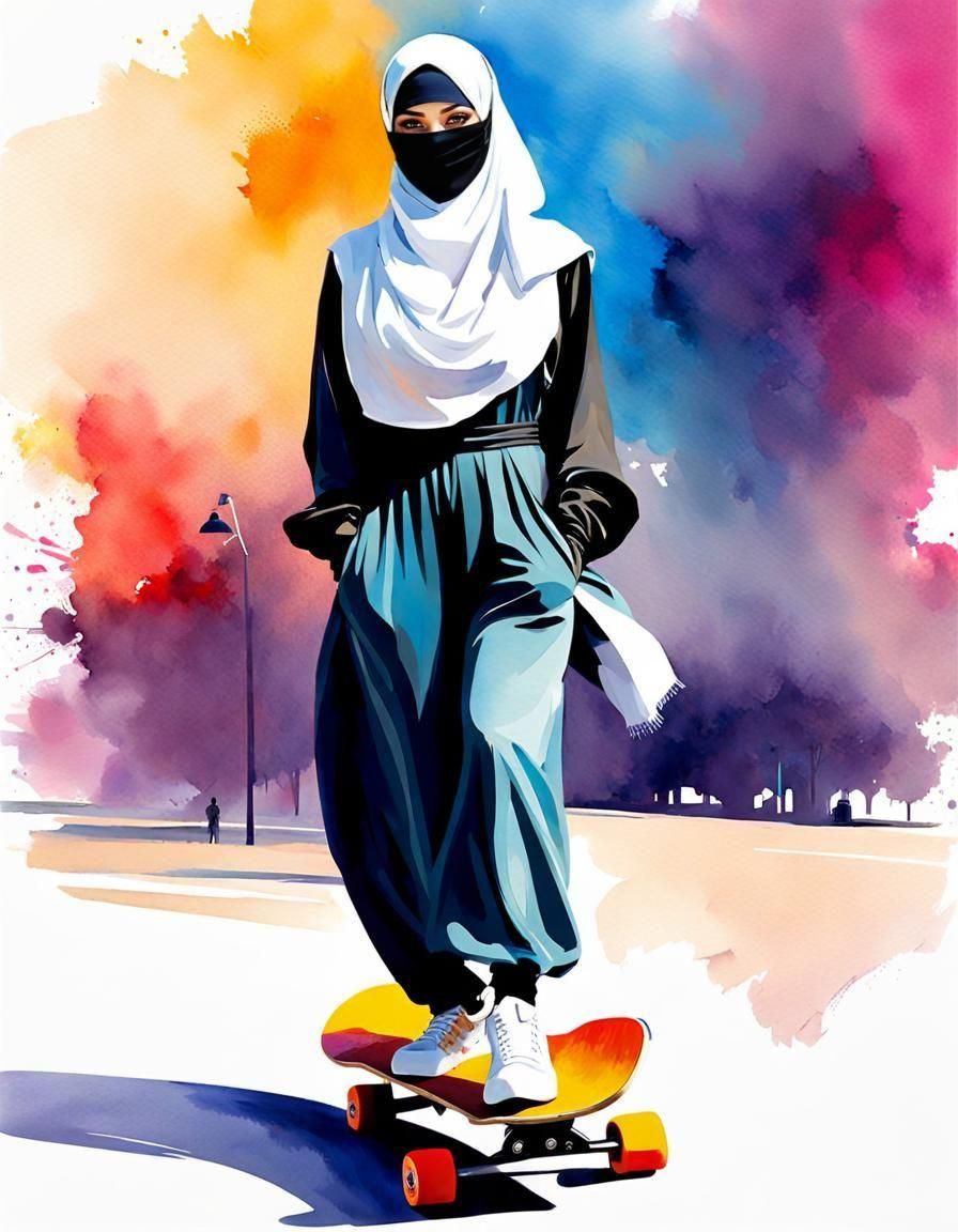 Vibrant Watercolor Portrait of Hijabi Girl on Skateboard