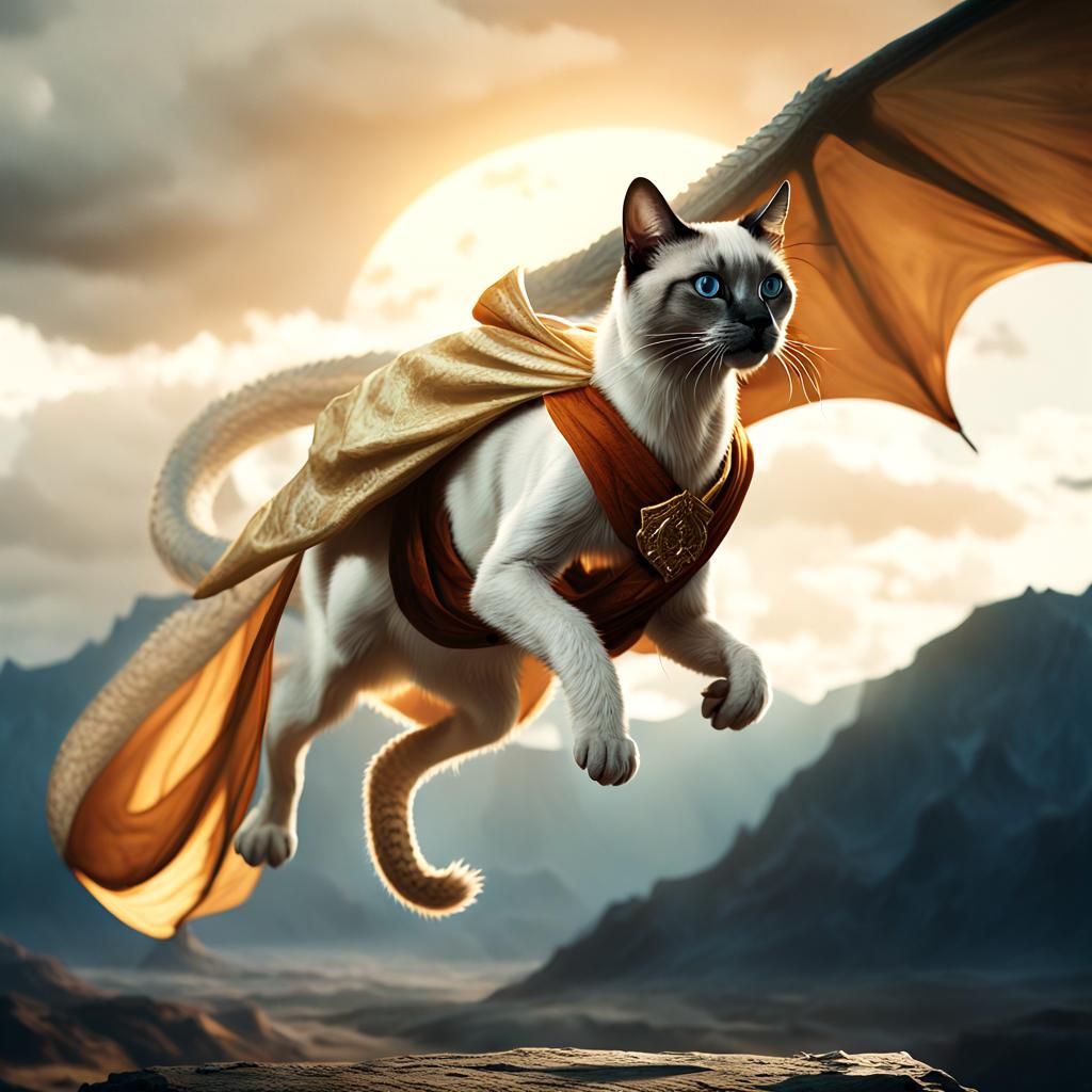 Siamese Cat Rides a Dragon in Cinematic Style