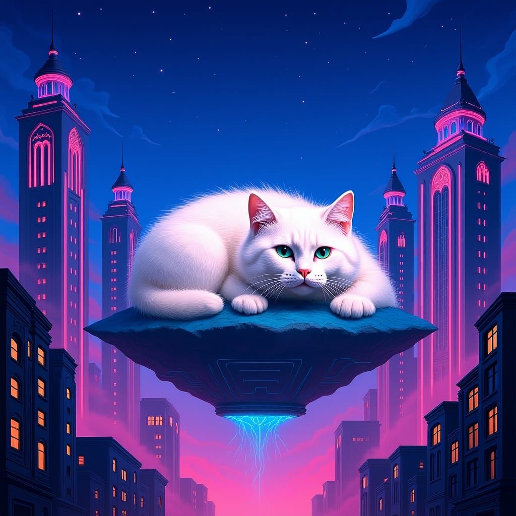 Giant Moonlight Kitten Sleeps on Floating Island in Retro-Fu...