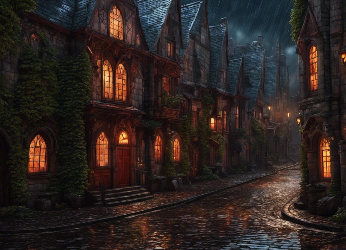 Moonlit Gothic Street in Rainy Fairycore Style