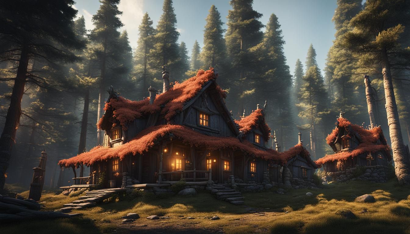 Cabins in Pine Forest: Detailed Matte Painting