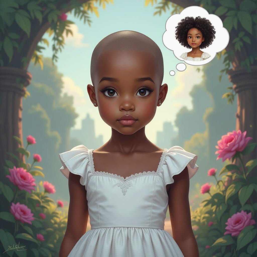 Elegant Bald Girl in Fantasy World as Matte Painting