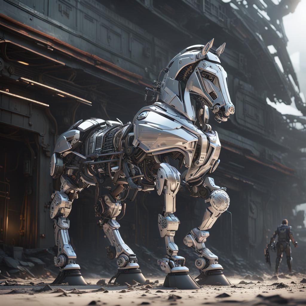 Futuristic Percheron Horse Pulling Plow in Clean World