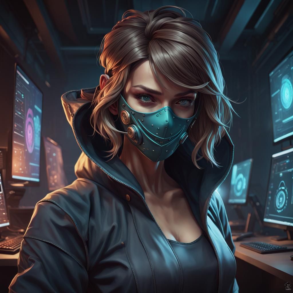 Masked Hacker Portrait in Hyperdetailed Digital Art Style