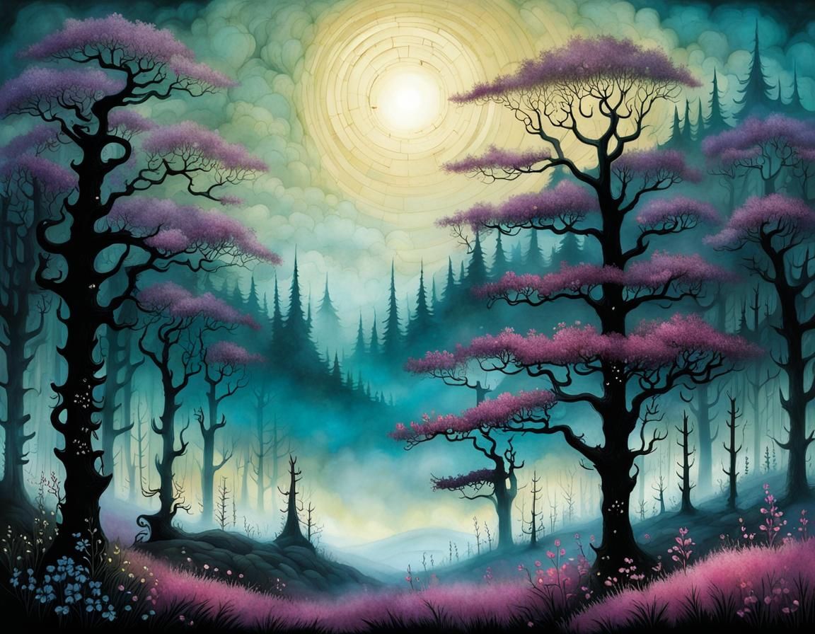 Blooming Heather in Morning Mist: Intricate Illustration