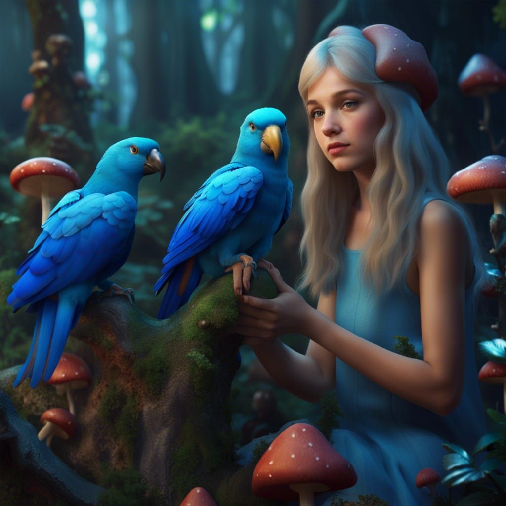 Mushroom Girl and Blue Parrot in Fairy World