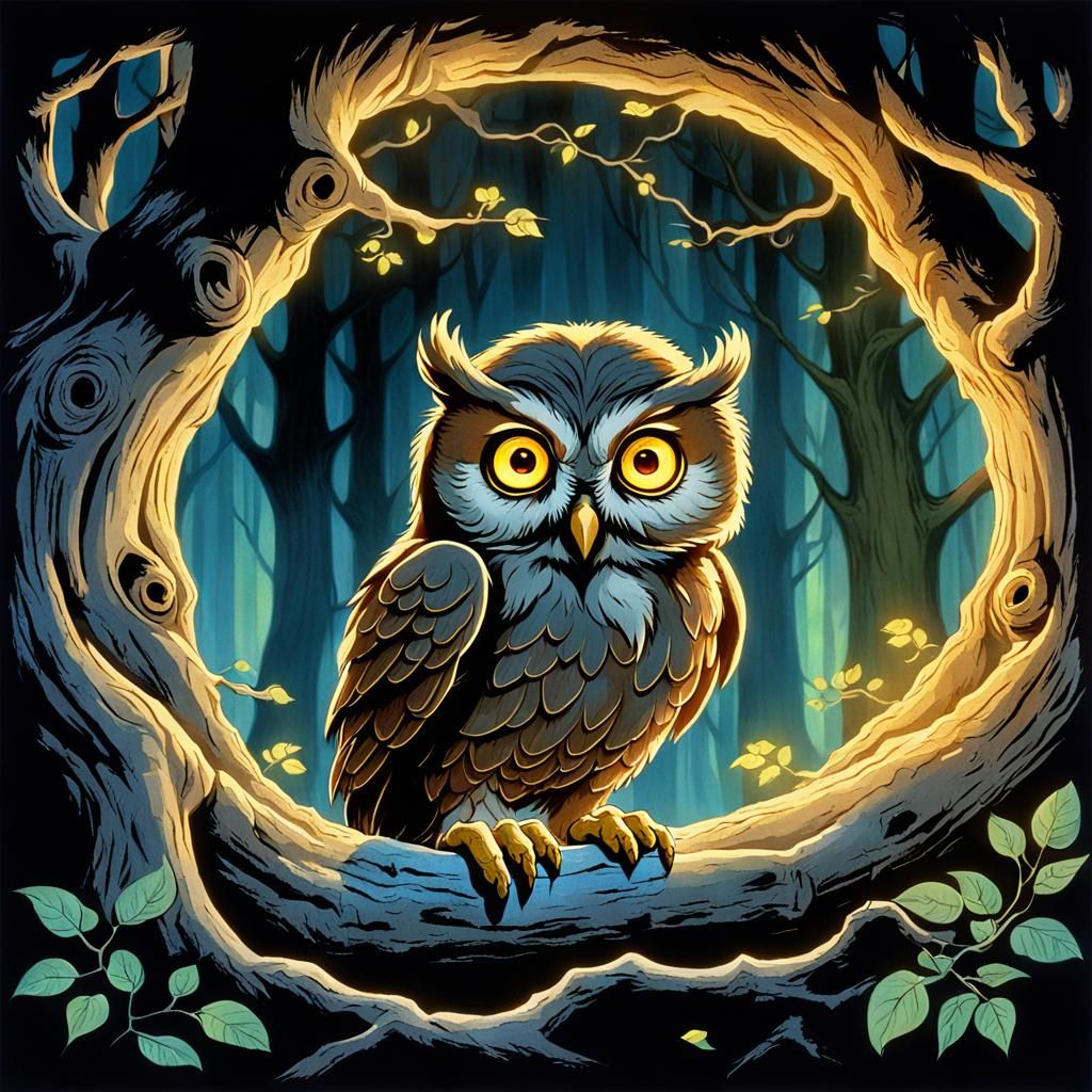 The Great Owl from Secret of NIMH inside his hollow tree with glowing yellow eyes.