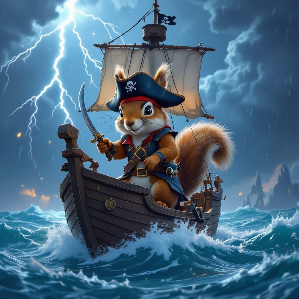 Pirate Squirrel Captain on Stormy Seas: Matte Painting
