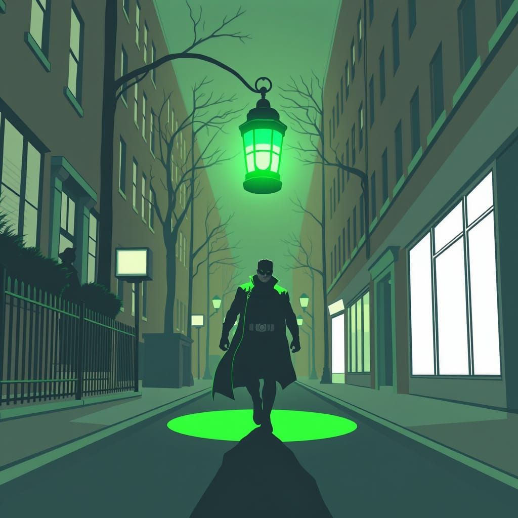Green Lantern Walks Street in Minimalist Green and White Art